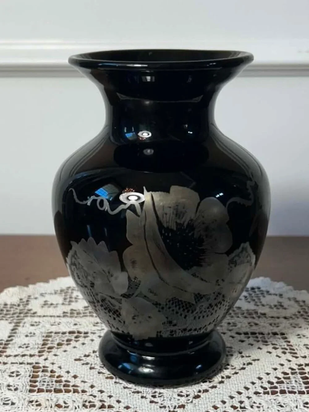 Vintage Fenton Black Amethyst Glass Vase - Silver Poppies Hand Painted Signed